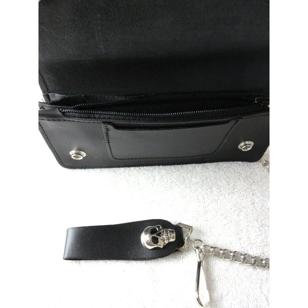 Men's Genuine Leather Skull Skeleton Trucker Snap Chain Wallet Black USA Made - Picture 6 of 7